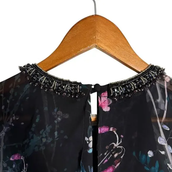 Teri Jon Rickie Freeman Chiffon Capelet Black Floral Cocktail Midi Dress 8